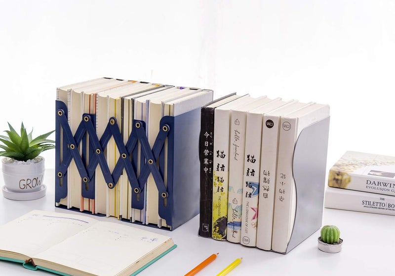 JIARI Book Ends, Blue Decorative Metal Iron Bookends Holder Stand Desk Nonskid Adjustable Bookend (Blue) - Image 5
